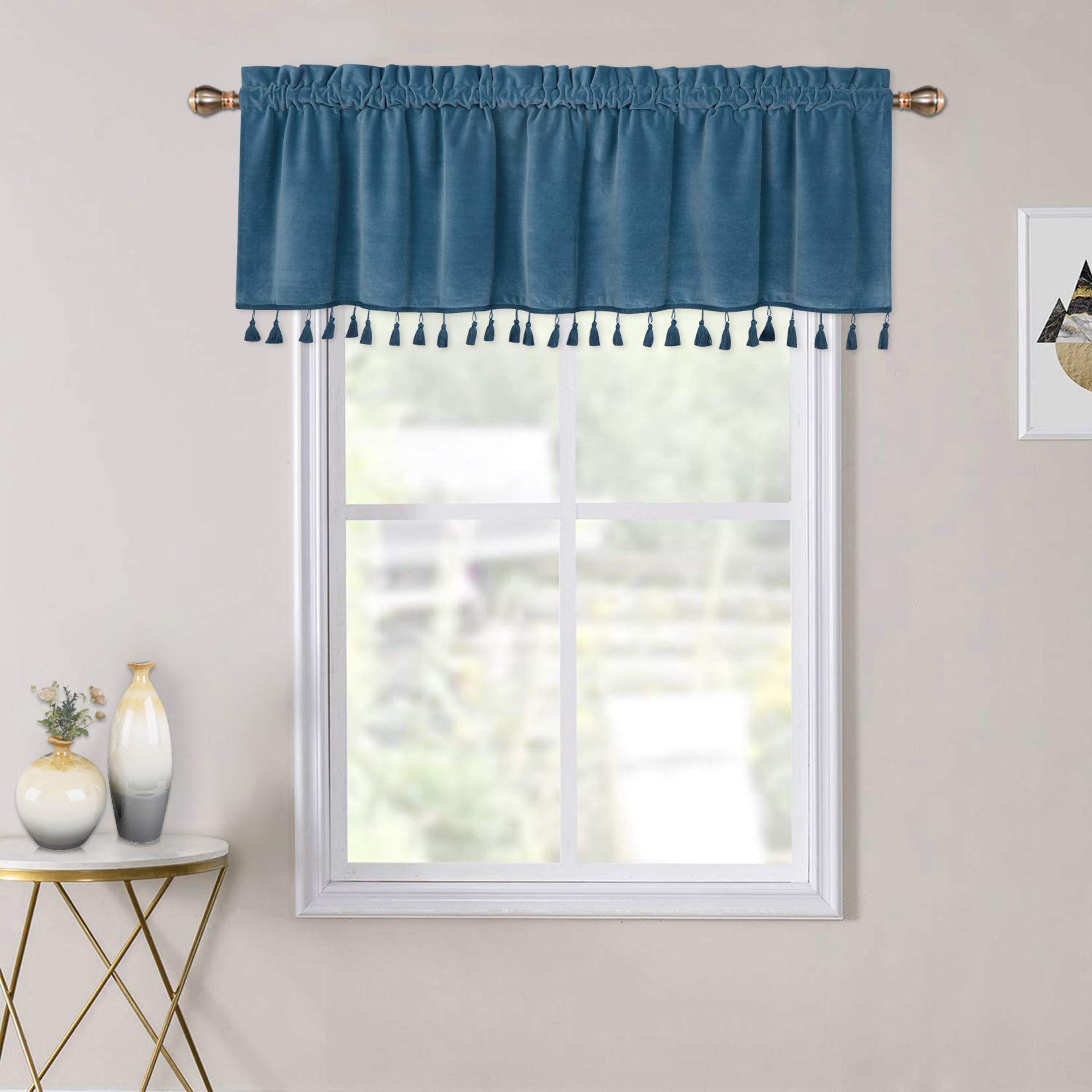 Garvee Boho Tassels Soft Luxury Room Darkening Velvet Window Valance Curtains for Bedroom Living Room, Red, 52 x 15 Inch