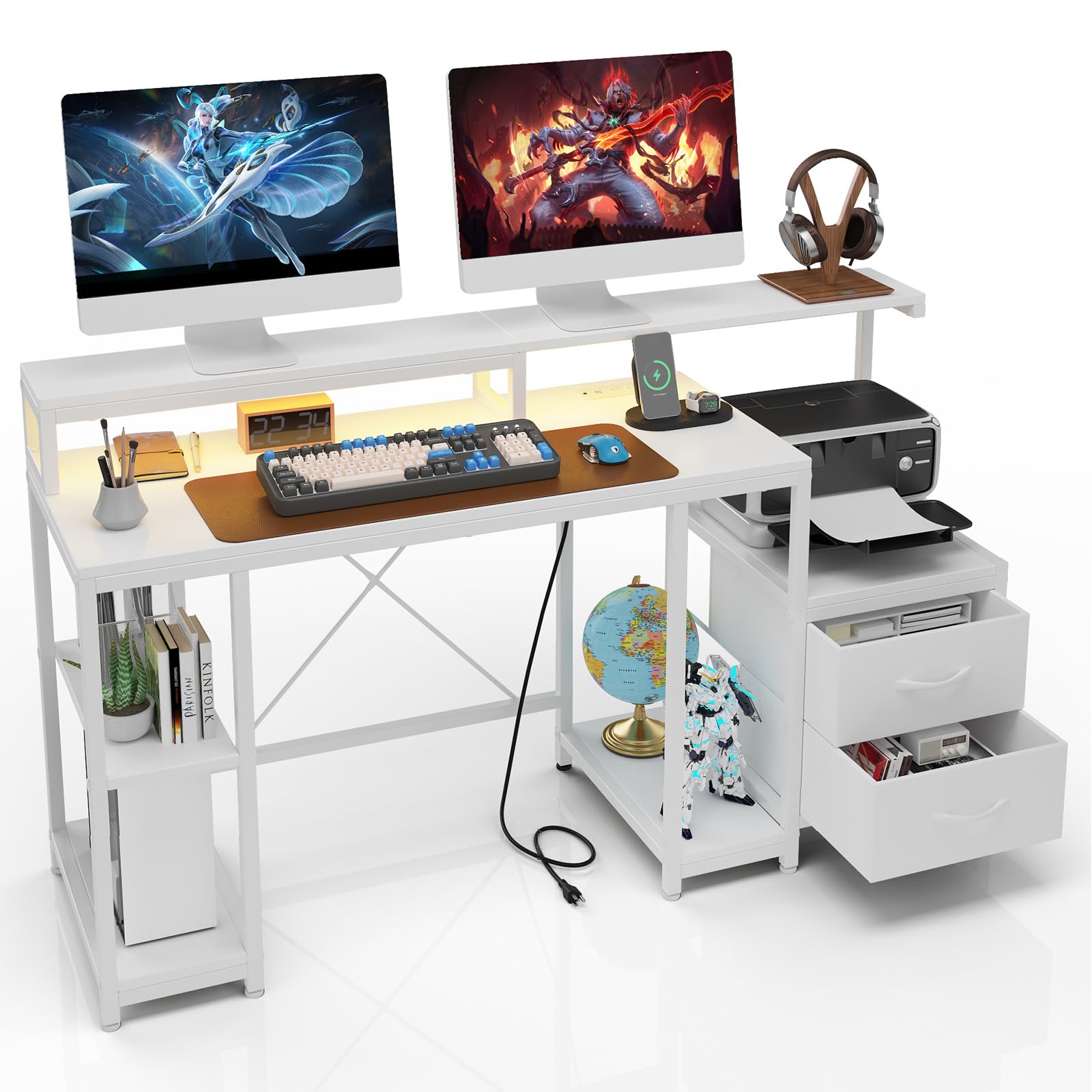 Garvee Computer Desk with LED Light & Power Outlets, Monitor Stand, Printer Space, Drawers, Storage Shelves, Study Work Desk, White - White