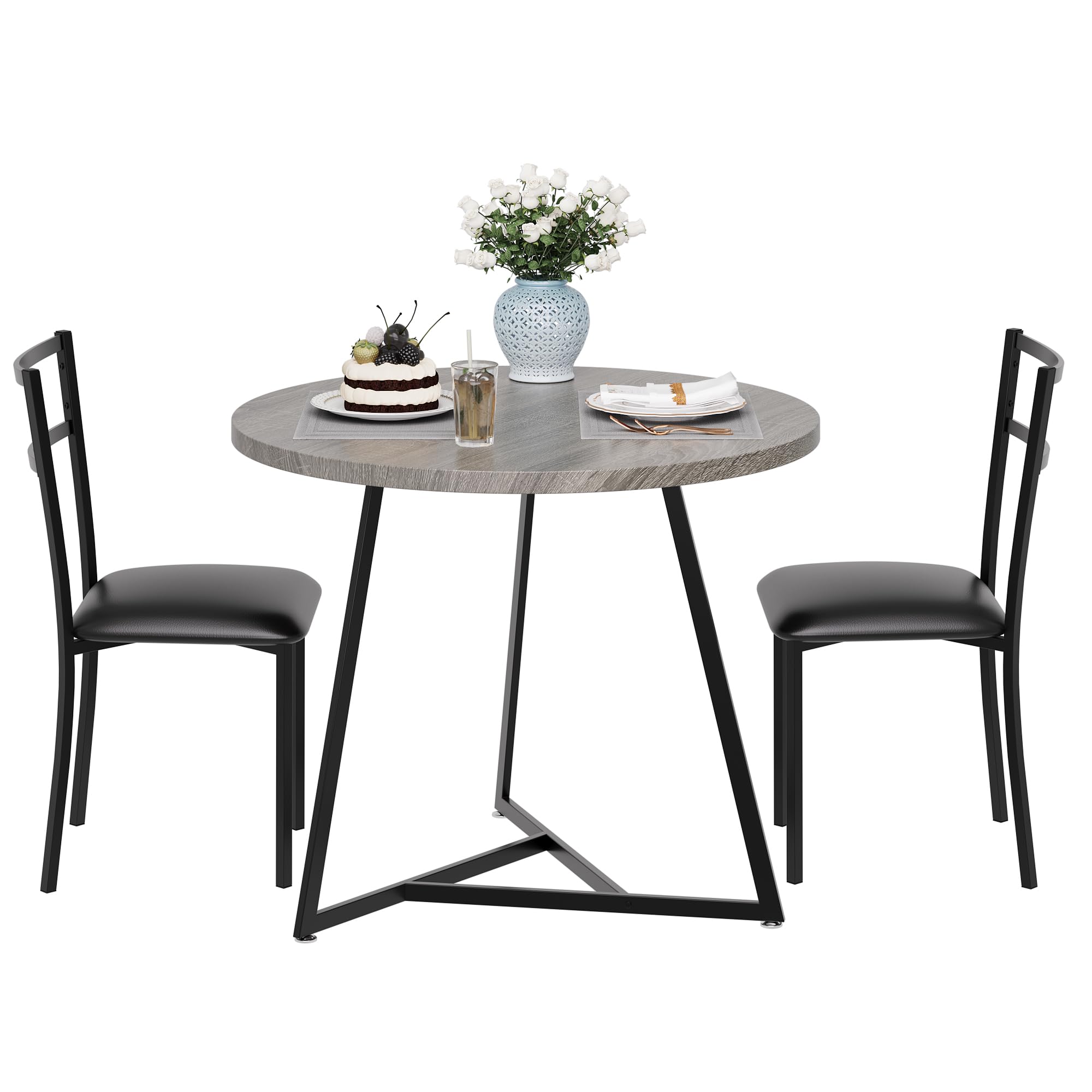 Garvee Round Dining Table Set for 2, Modern Kitchen Table Chairs Set of 2, Small Dining Room Table Set with 2 Upholstered Chairs, Furniture Set Dinett
