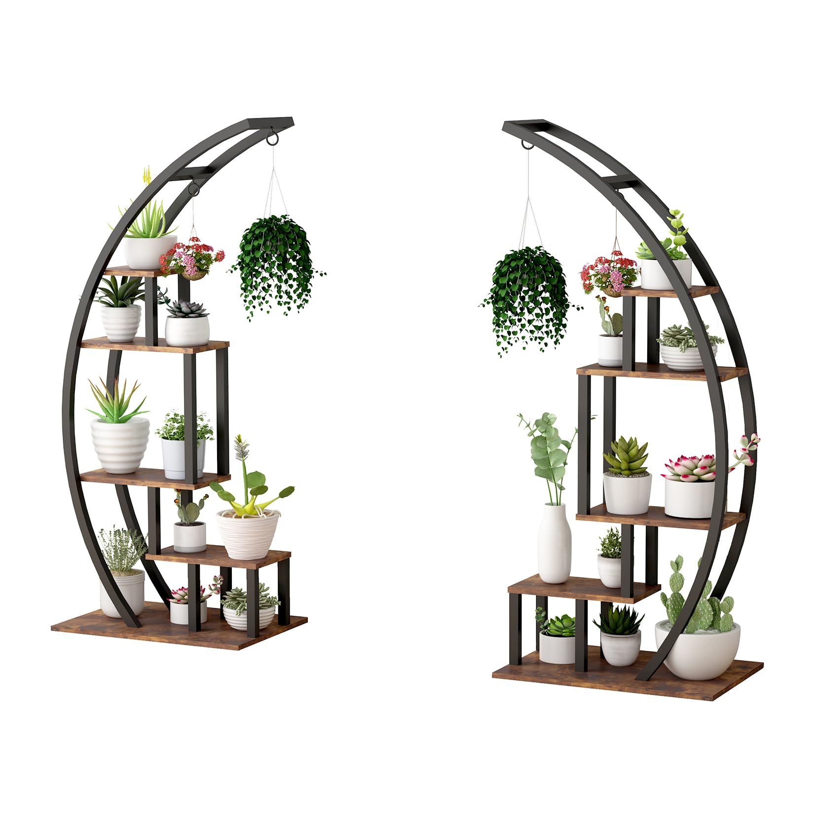 Garvee 2-Pack 5-Tier Half Moon Plant Stand, Curved Ladder Flower Pot Display Rack with Hanging, Powder-Coated Steel & MDF, Indoor-Outdoor, Brown