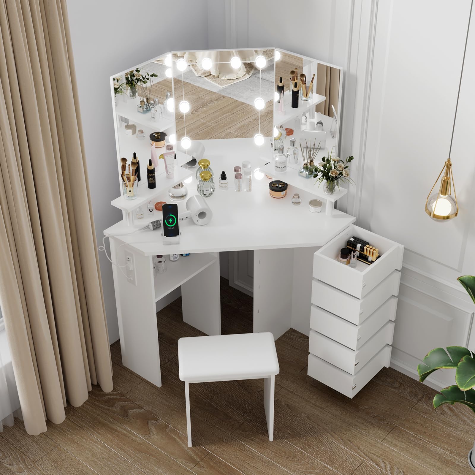 Garvee Corner Makeup Vanity Desk with Lights & Power Outlet - Tri-Folding Mirror, 5 Rotating Drawers, Adjustable Brightness, Ample Storage, Stool Incl
