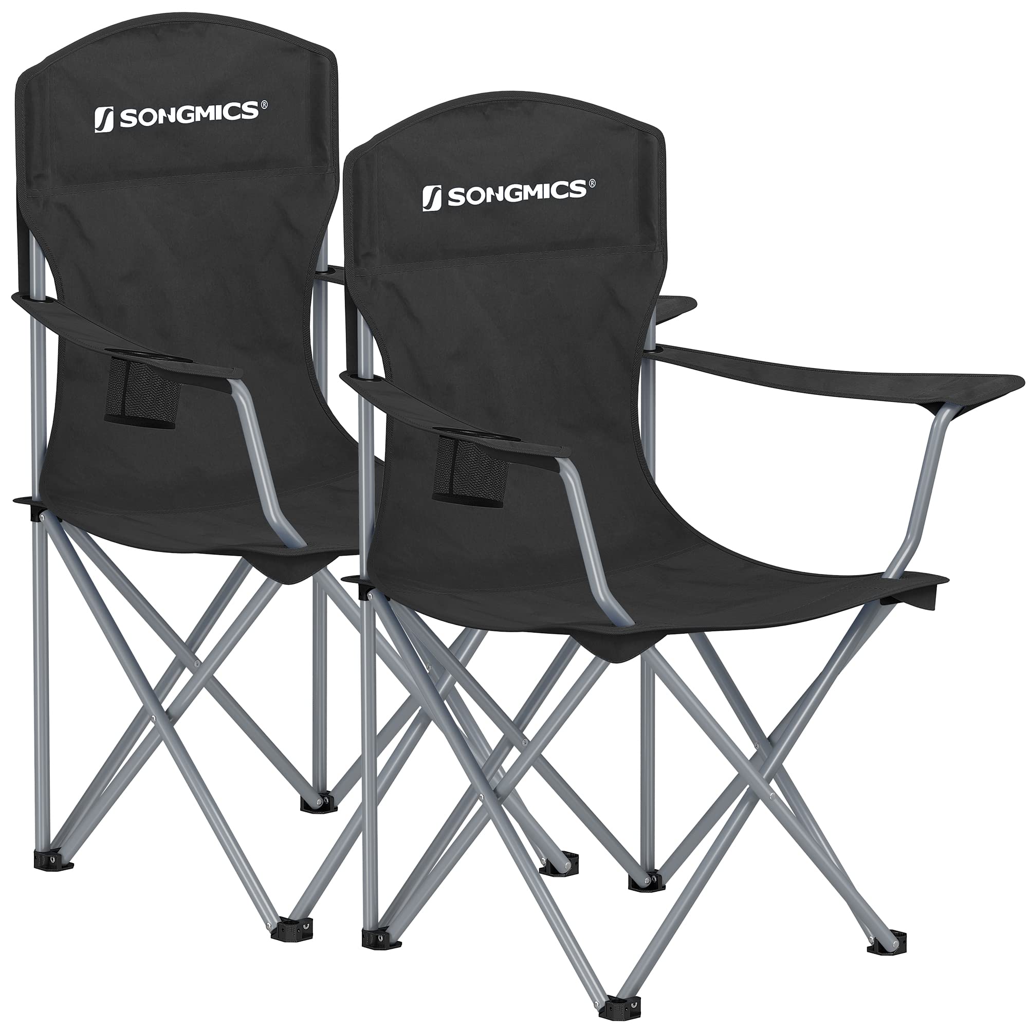 SONGMICS 2 Pack Folding Camping Chairs, Load 330 lb, Cup Holder and High Backrest, Heavy-Duty Structure, for Lawn, Garden, Fishing, Terrace Black