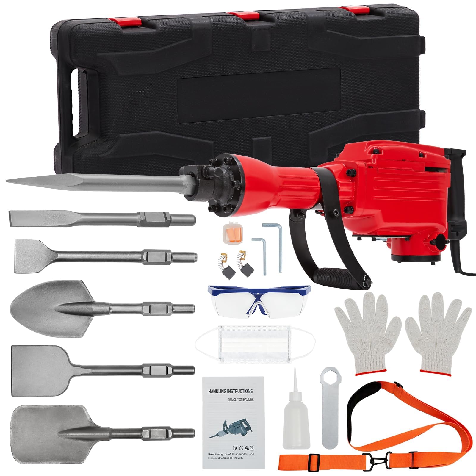 Garvee Demolition Jack Hammer, Heavy Duty 2200W Electric Jackhammer, 1700 BPM Concrete Breaker 6pcs Chisels Bit Chipping W-Case, Gloves