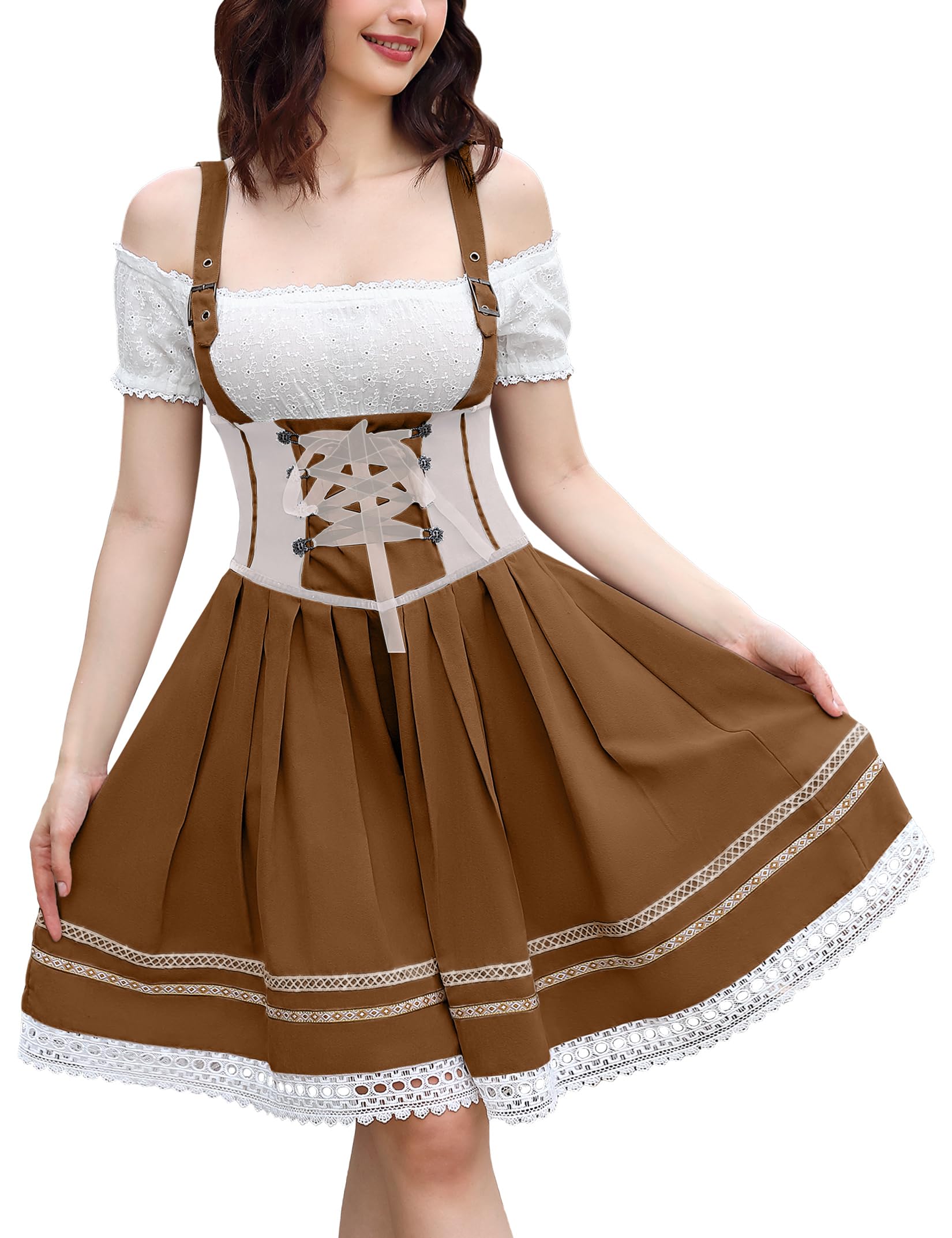 Garvee Women's Oktoberfest German Dirndl Dress Costume Coffee, Traditional Bavarian Carnival, Size L