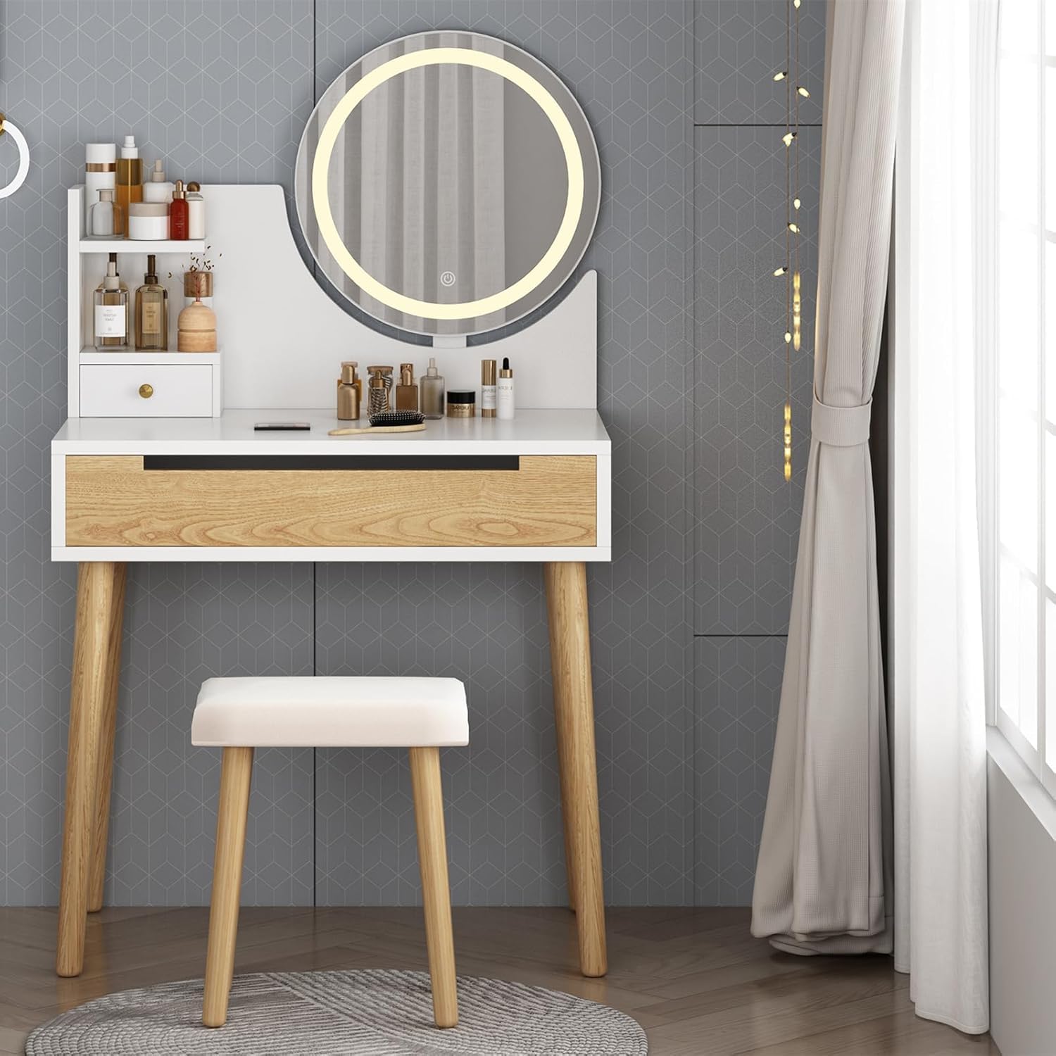 Garvee 31.5" Vanity Desk with Stool, Makeup Table with 2 Drawers, Makeup Vanity Desk with Touch Light Mirror- White