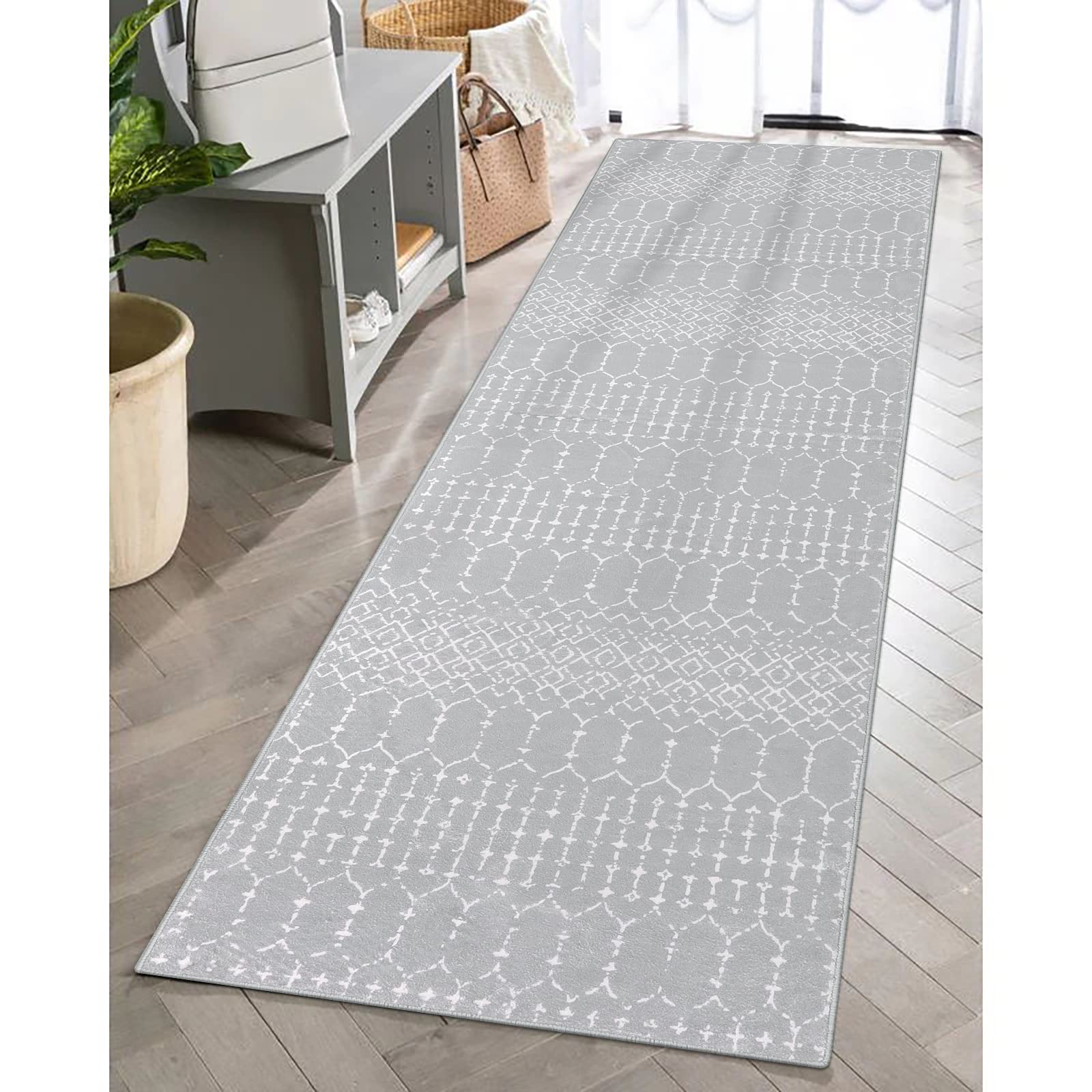 Lahome Moroccan Runners for Hallways 2x6 Washable Non-Slip Carpet Runner Throw Ultra-Thin Kitchen Bedroom Rugs Grey Distressed Print Rug Entrance Bath