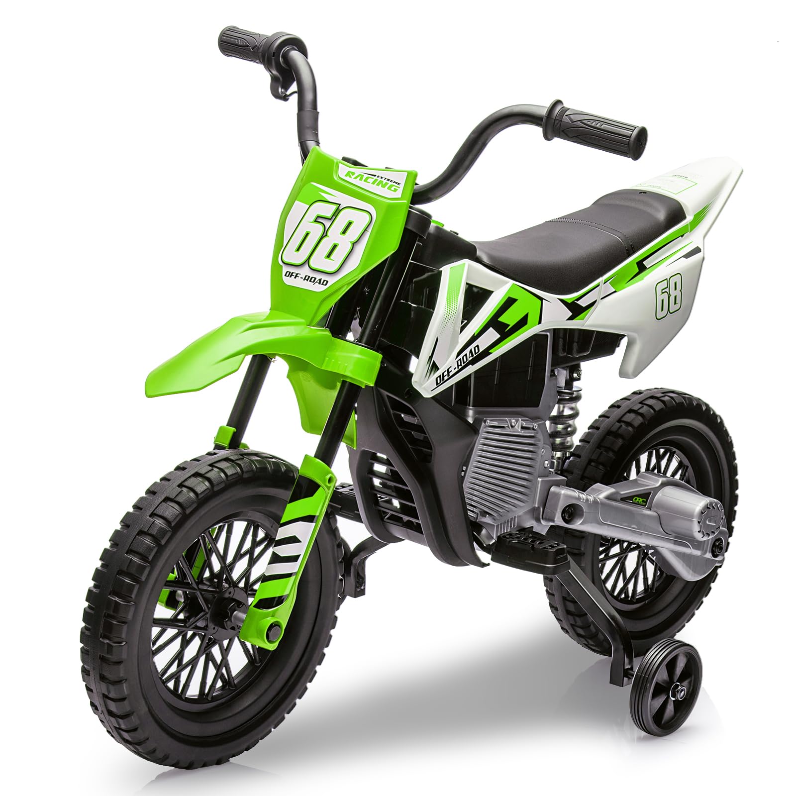 Garvee 12V Kids Electric Dirt Bike, 25W*2 Motor, Twist Grip Throttle, Spring Suspension, Training Wheels, Ride-On Toy - Green