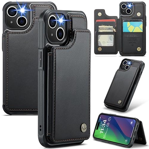 for iPhone 15 Case with RFID Blocking and 4 Credit Card Holder, Premium Durable Slim Leather Magnetic Clasp Kickstand Heavy Duty Shockproof Protective