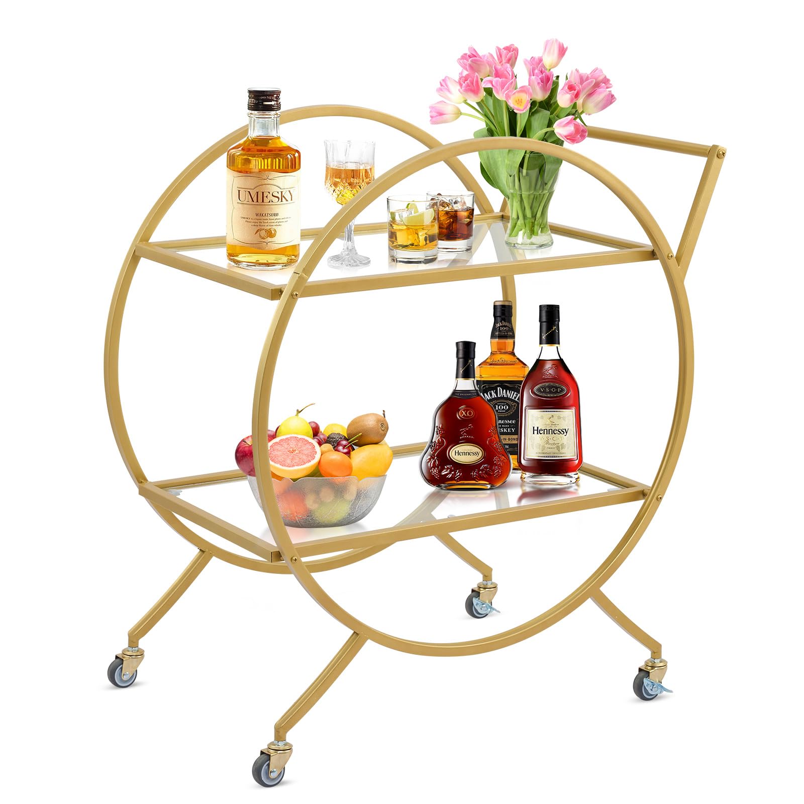 Garvee Metal Wine Cart: Round, 2 Mirrored Shelves, Rolling Design,Gold