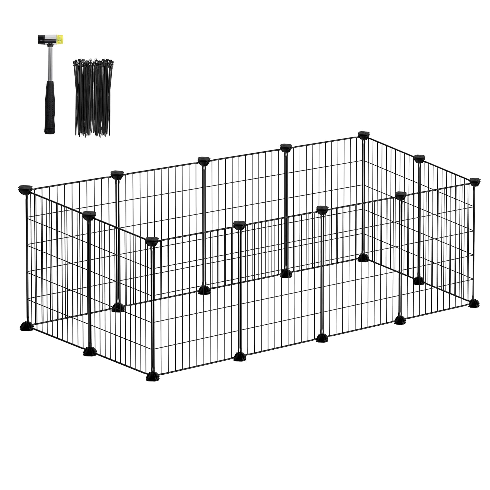 SONGMICS Pet Playpen, Small Animal Cage, Pet Fence with Cable Ties, DIY Metal Enclosure for Guinea Pigs, Hamsters, Rabbits, Hedgehogs, Black ULPI001B0