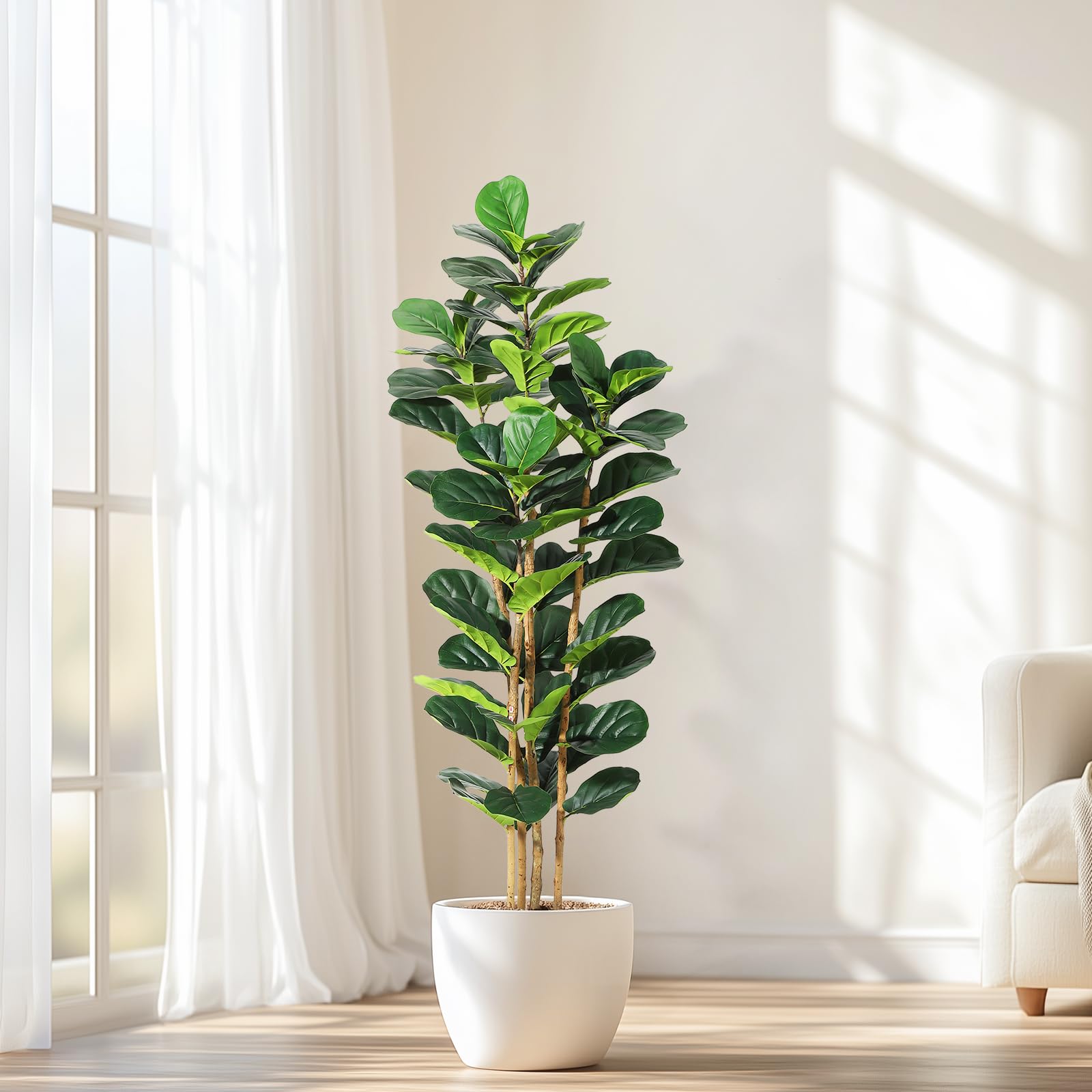 Garvee Artificial Fiddle Leaf Tree, 6ft Faux Plant Fake Ficus Lyrata Silk Trees with White Planter