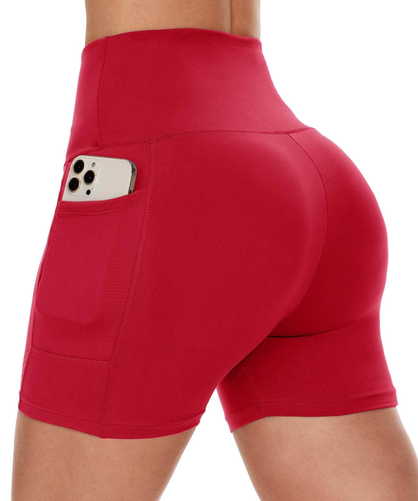 CAMPSNAIL Biker Shorts Women with Pockets - 3"-5"-8" High Waisted Workout Spandex Tummy Control Gym Running Yoga Shorts 5 IN Large-X-Large Red