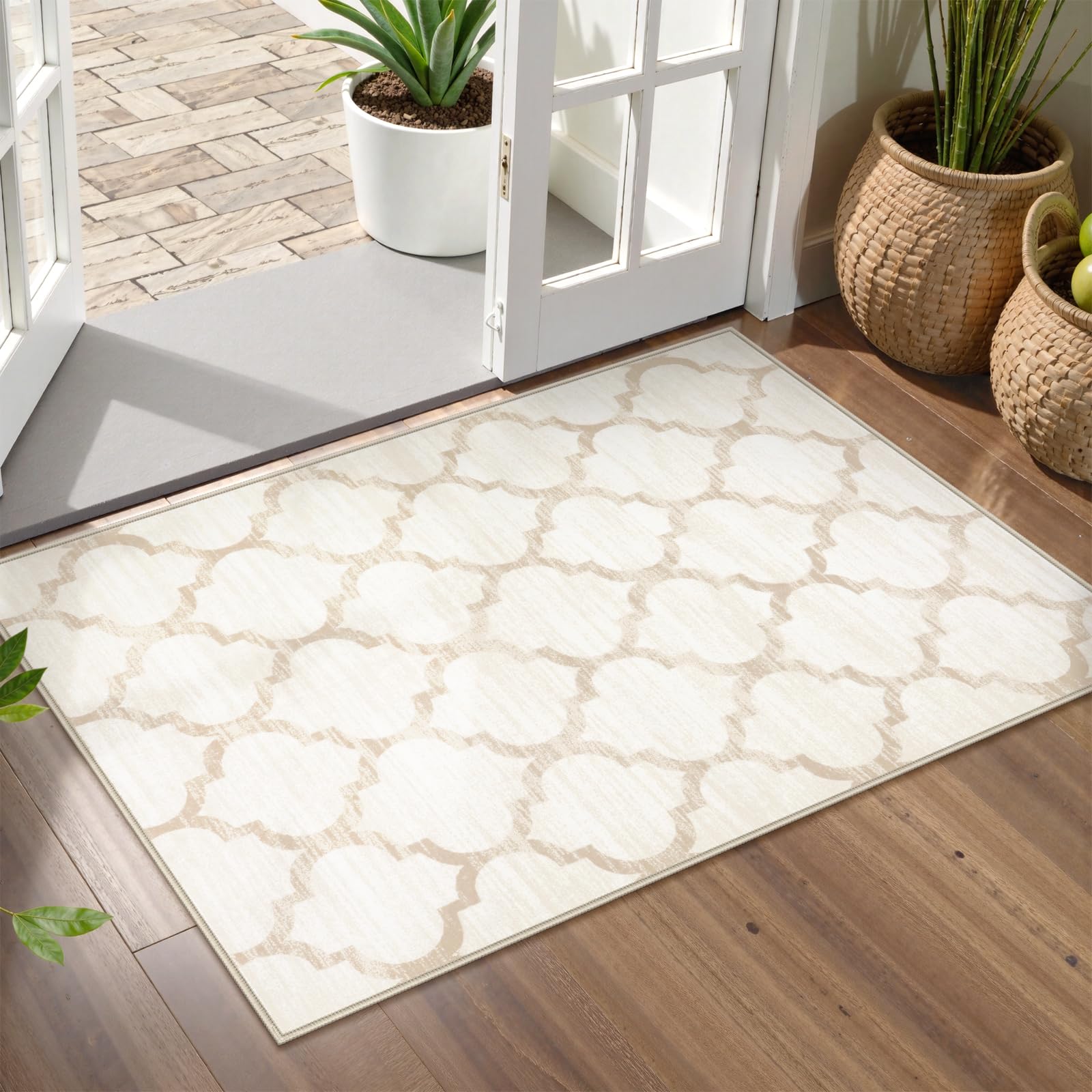 Lahome Moroccan Washable Rugs 2x3 - Small Area Rug 2x3 Non-Slip Kitchen Rug Soft Throw Non-Shedding Bedroom Rug Bath Mat Ivory Distressed Doormat Entr