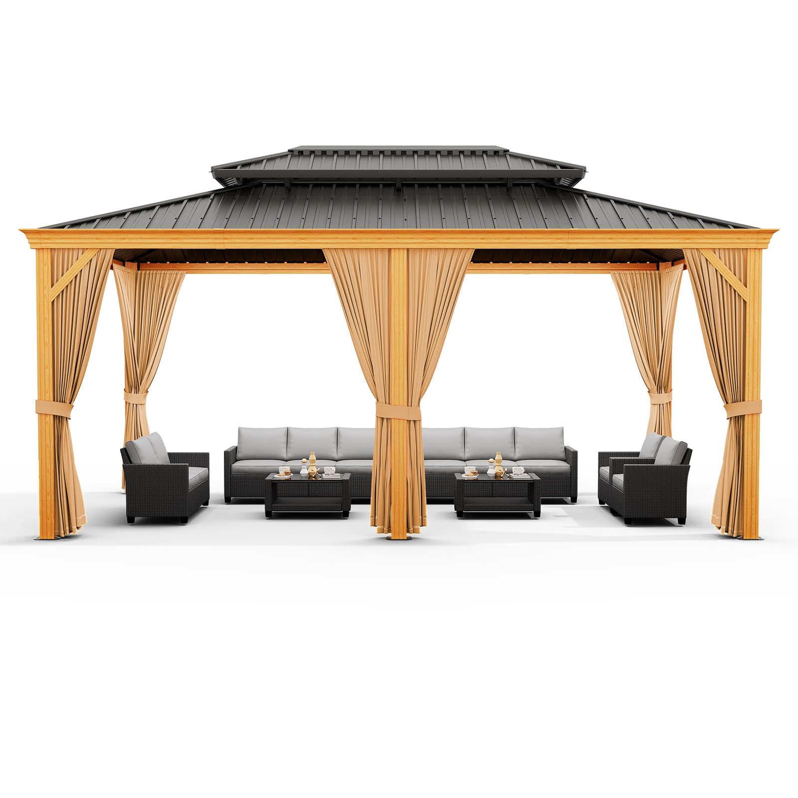 Garvee 12'x14' Outdoor Hardtop Gazebo with Netting and Sunshade Curtains for Patio Terrace Lawn Deck Aluminium Grey