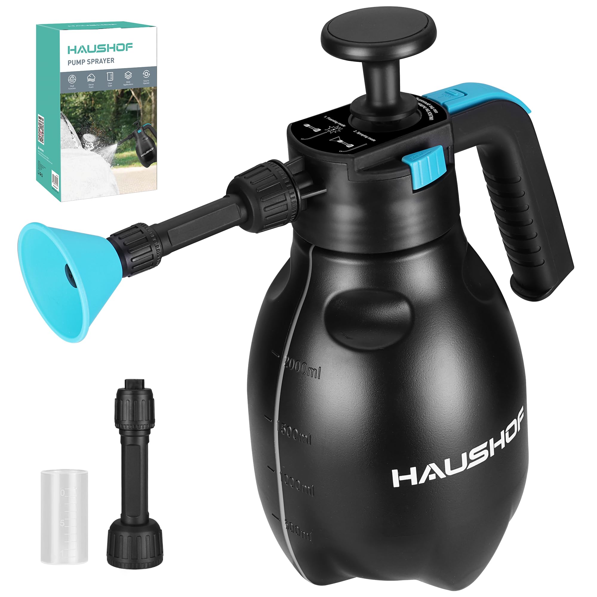 HAUSHOF Hand Pump Sprayer 1-2 Gallon, Pressure Garden Spray Bottle for Plants, Weeds, Flowers, Foam Sprayer Car Detailing with 2 Adjustable Nozzles, L