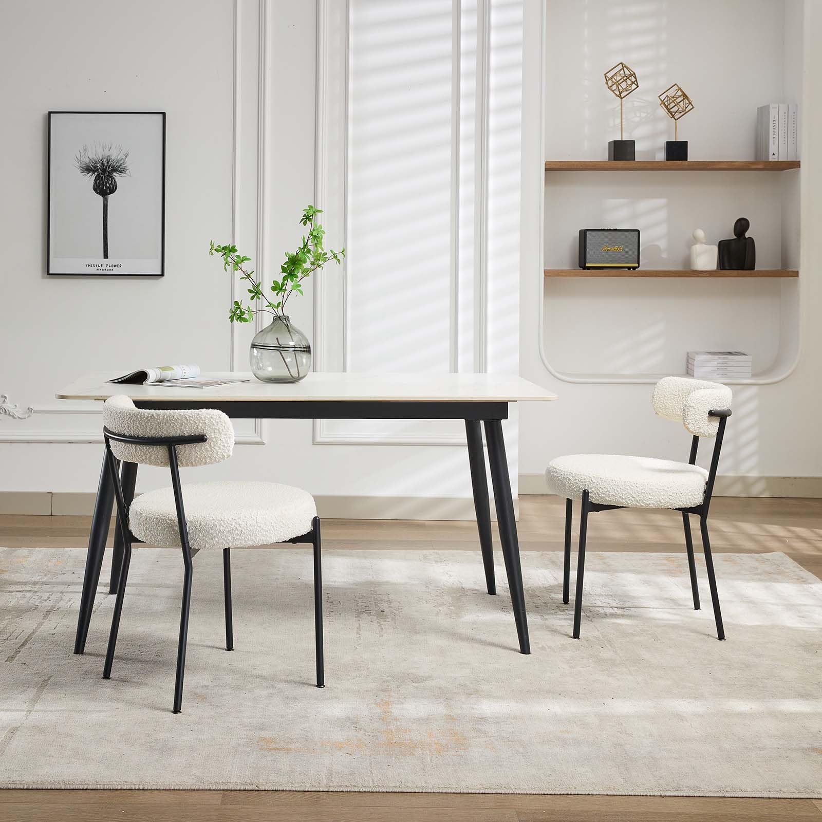 Garvee Mid-Century Dining Chairs Set of 2, Boucle Dining Room Chairs, Round Upholstered Chairs with Adjustable Legs - (White, Black Leg)