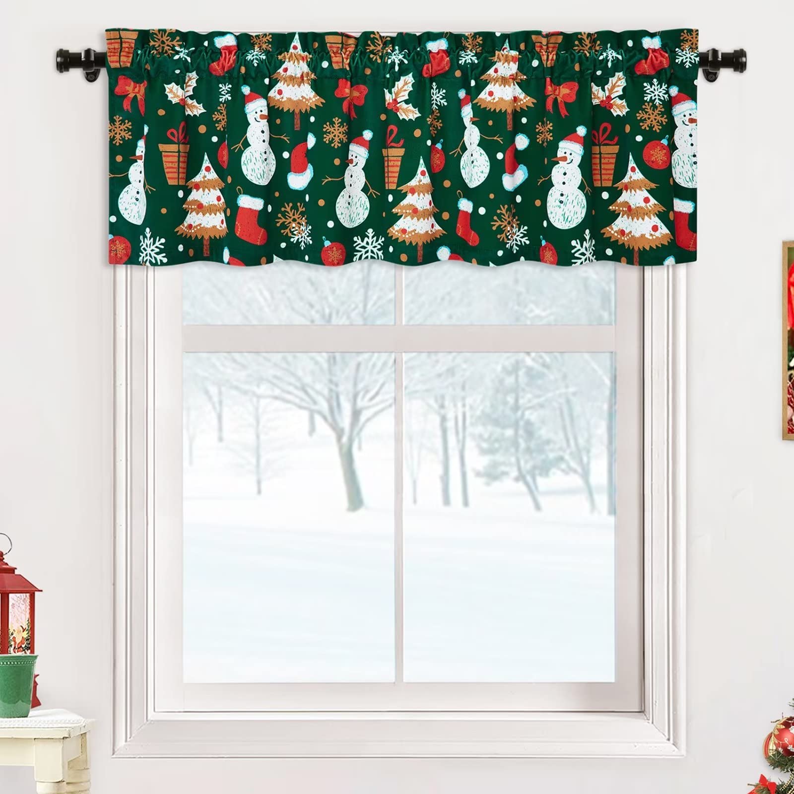 Garvee Christmas Valance, 1 Panel Green Snow Man Christmas Window Curtain Valance Velvet Thermal Insulated Cafe Curtains for Kitchen Living Room Bathr