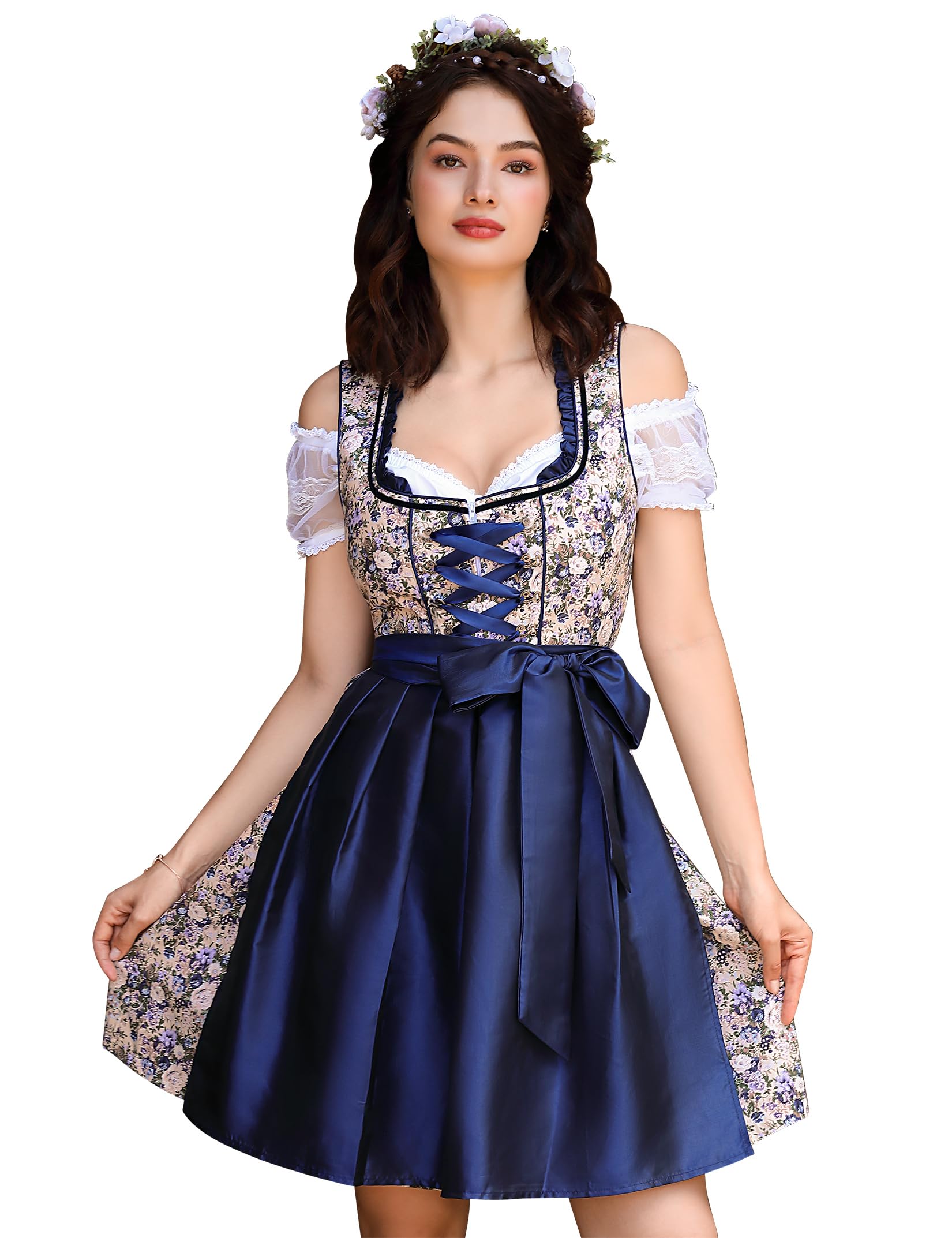 Garvee Women German Dirndl Dress Traditional Bavarian Beer Garden 3 Pieces Oktoberfest Costume Summer Blue M