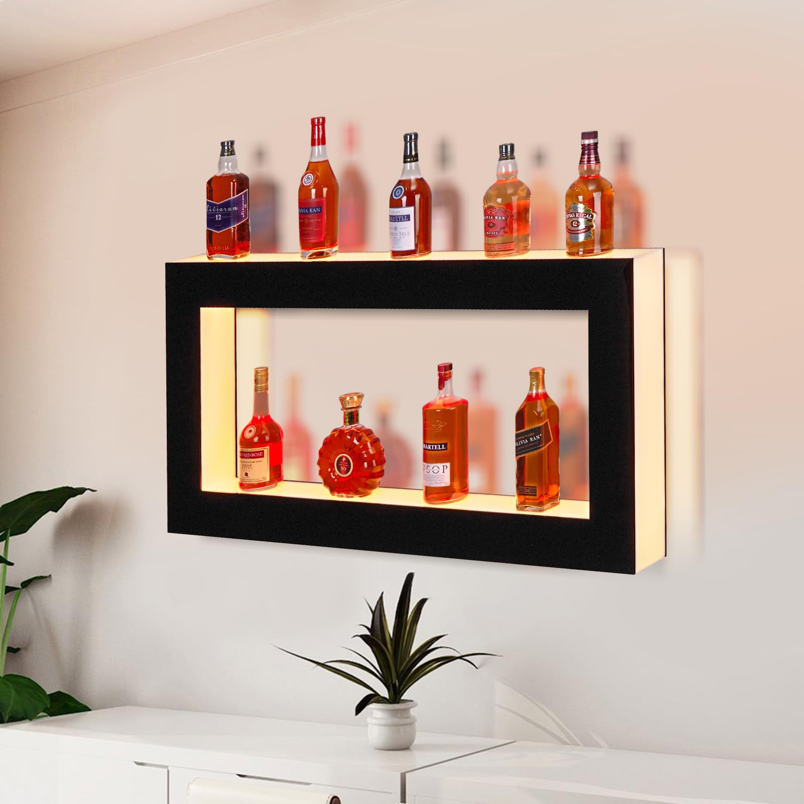 Garvee LED Lighted Liquor Bottle Display, Square 48 Inches Commercial Bar, Acrylic Lighted Bottle Display Stand with RF Remote and APP Control, 16 Col