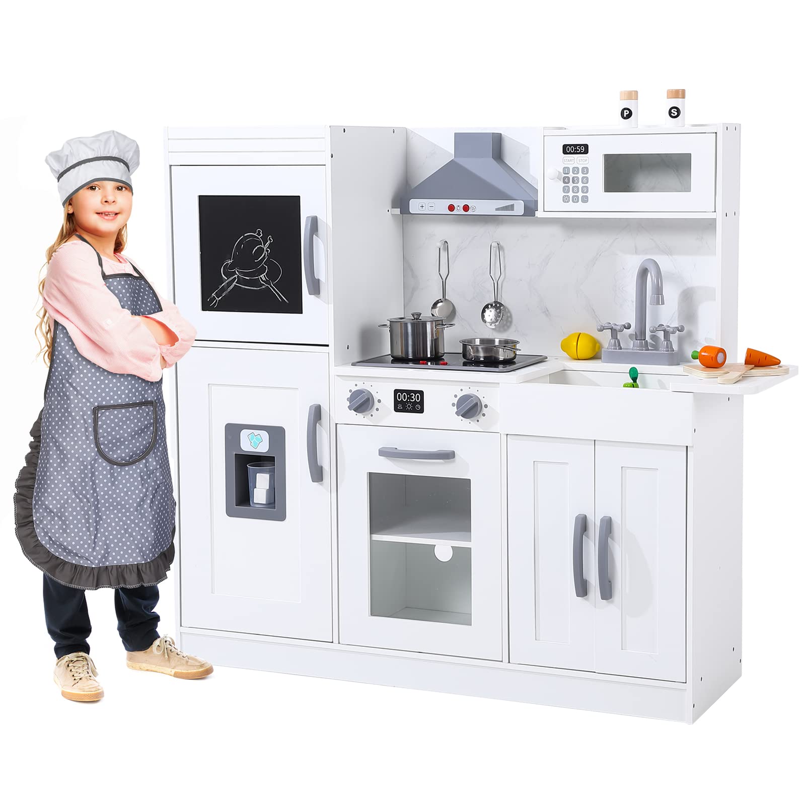 Garvee Kids Kitchen Playset, Wooden Chef Pretend Play Set with 20 PCS Cookware Accessories, Wooden Cookware Pretend with Ice Maker, Microwave, Oven, R
