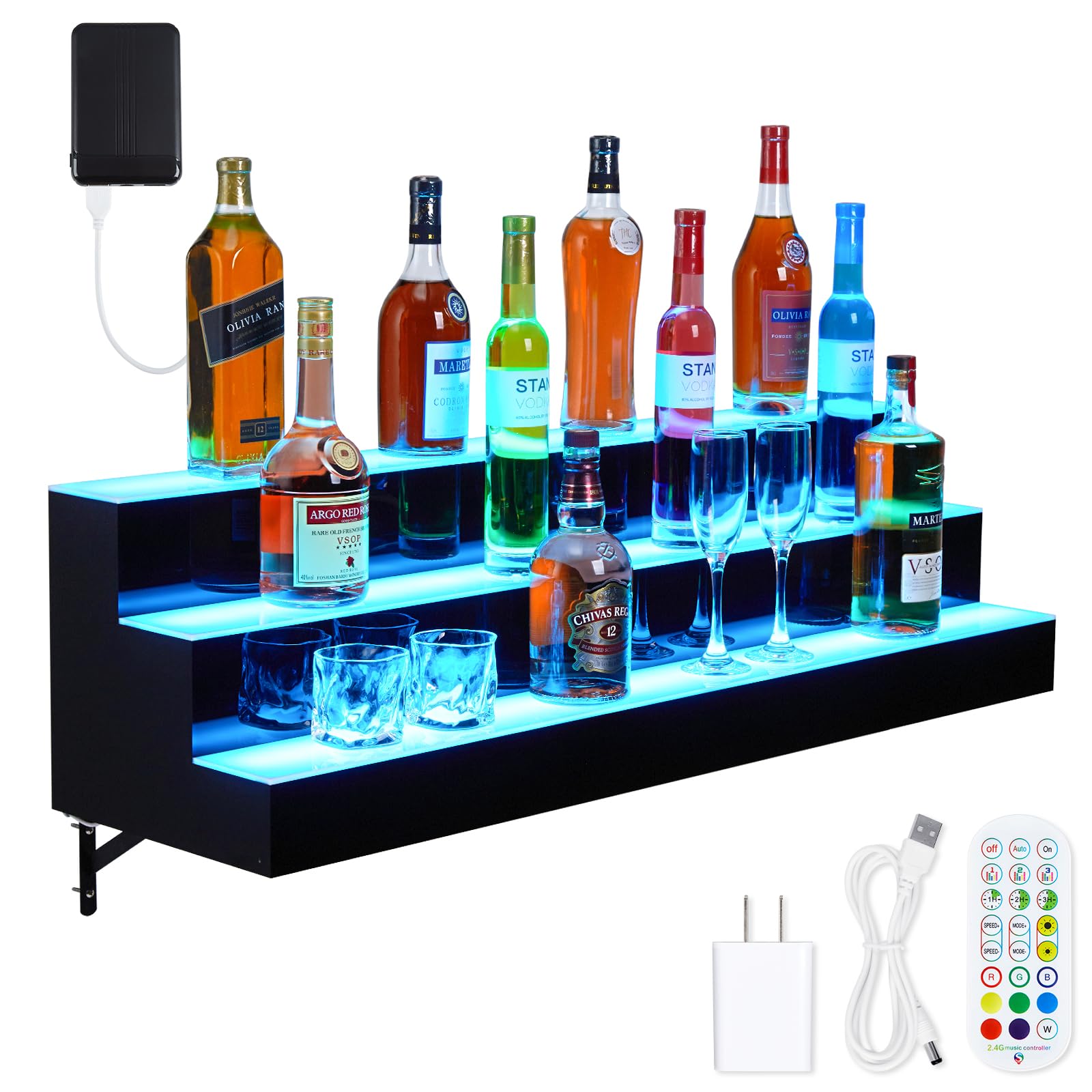 Garvee Led Lighted Liquor Bottle Shelf, 3 Tiers 40 Inches Led Bar Display Shelf With Remote & App Control, 16 Colors, 4 Modes, 1-8 H Timing, Bar Light
