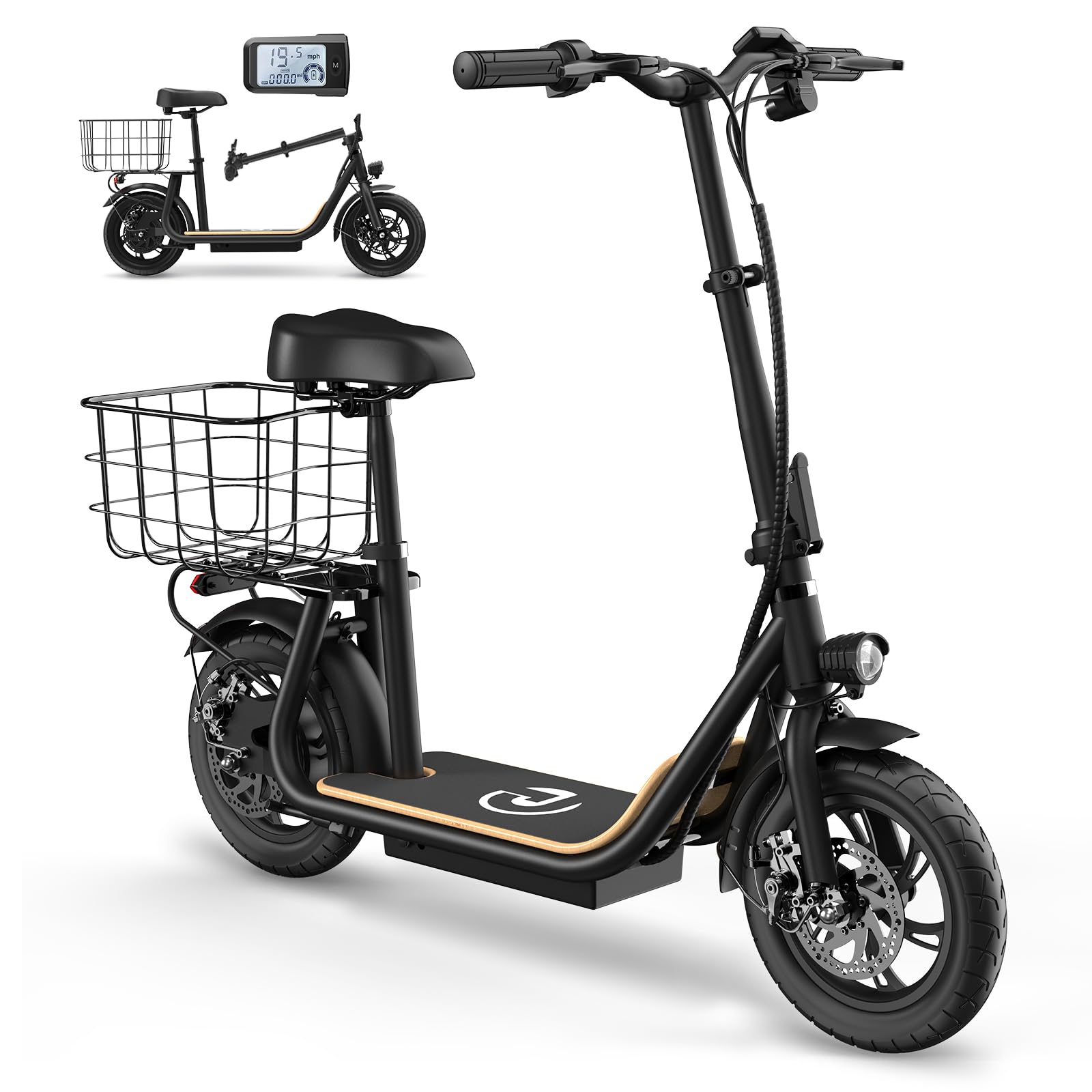 Garvee Electric Scooter for Adults, 12" Fat Tire Foldable Electric Bike with Seat and Basket, 500W Brushless Motor, Dual Brake System, 265lbs Max Load