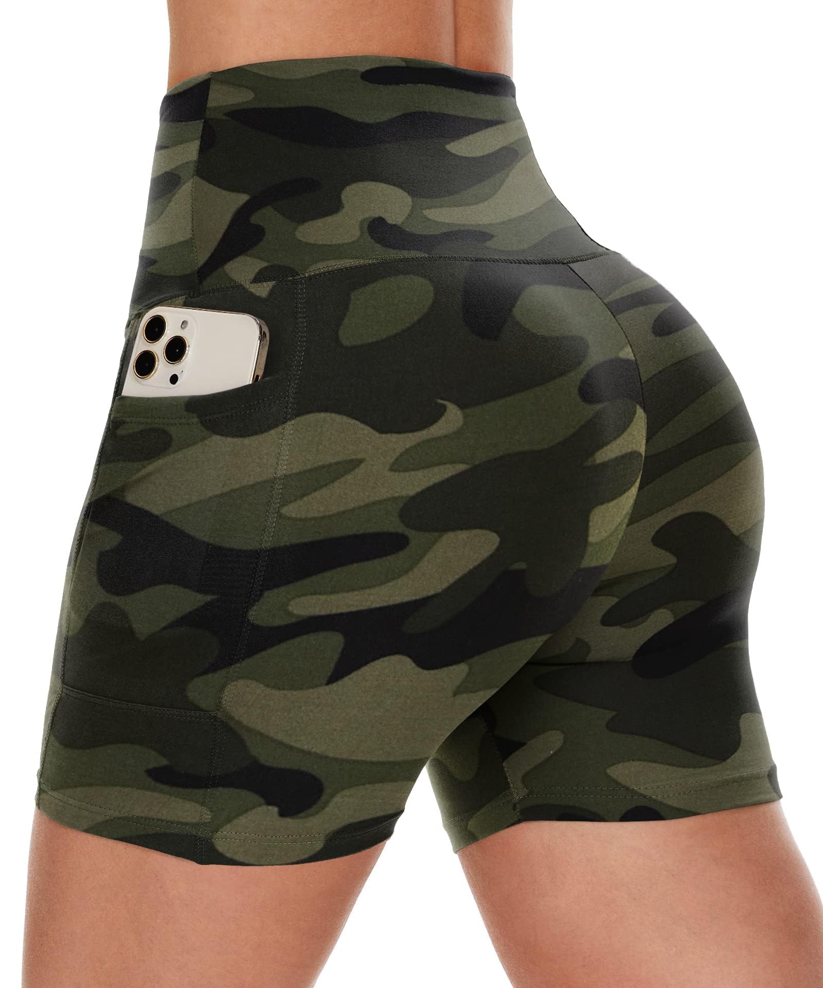 CAMPSNAIL Biker Shorts Women with Pockets - 3"-5"-8" High Waisted Workout Spandex Tummy Control Gym Running Yoga Shorts 5 IN Large-X-Large Green Camo