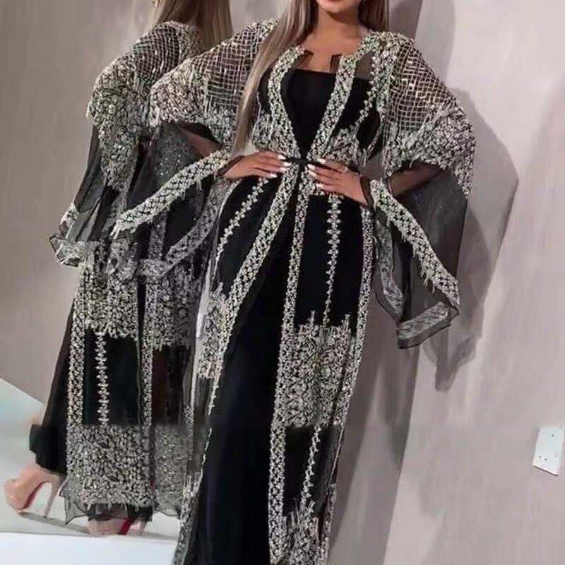 2023 Ethnic Clothing Abaya Dubai Muslim Dress High Class Sequins Embroidery Lace Ramadan Kaftan Islam Kimono Women Turkish Eid Mubarak womens clothe