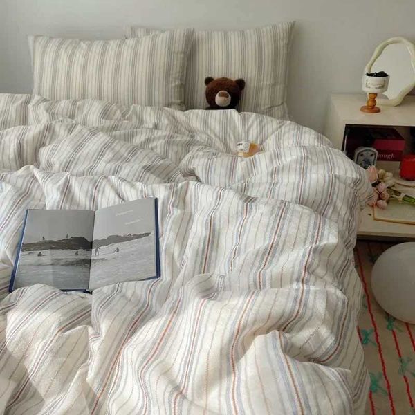 Korean Bedding Set INS Girls Striped Soft Washed Cotton Bed Sheet Set Queen King Size Comforter Set case Bed LinensC250111