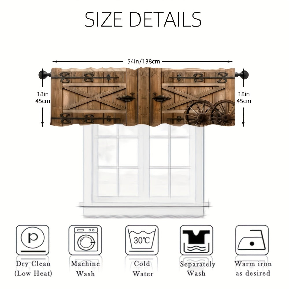 TEMU Rustic Barn Door Print Curtain - Vintage Style Semi-sheer Polyester Valance With Black Rods, Living Room, Kitchen, Bedroom, And Coffee Shop