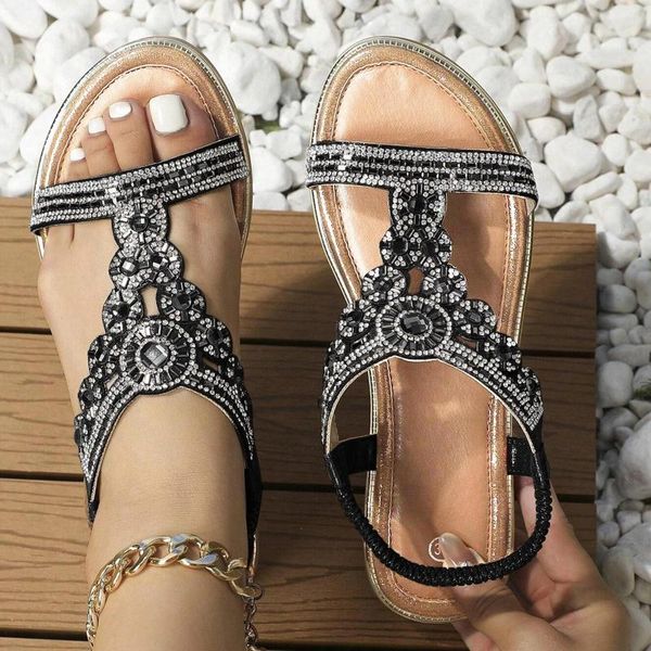 Women Rhinestone Sandals Elastic Band Casual Bohemian Open Toe Beach Holiday Ladies Low Heel Dressy Sandalias 245
