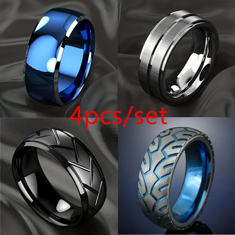 TEMU 4 Pieces-set Of Blue And Black Stainless Steel Tire Pattern Men's Rings - Brushed Engagement And Wedding Rings, Hypoallergenic, Timeless Style