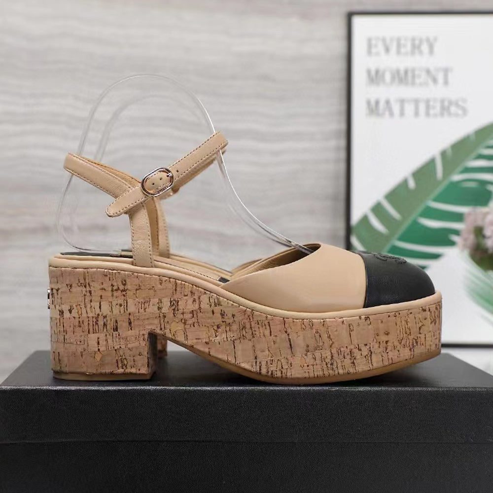 Womens 75mm Chunky Heel Sandals Top quality Cowhide Patchwork Wood grain platform high heel sandals Luxury designer evening dress shoes