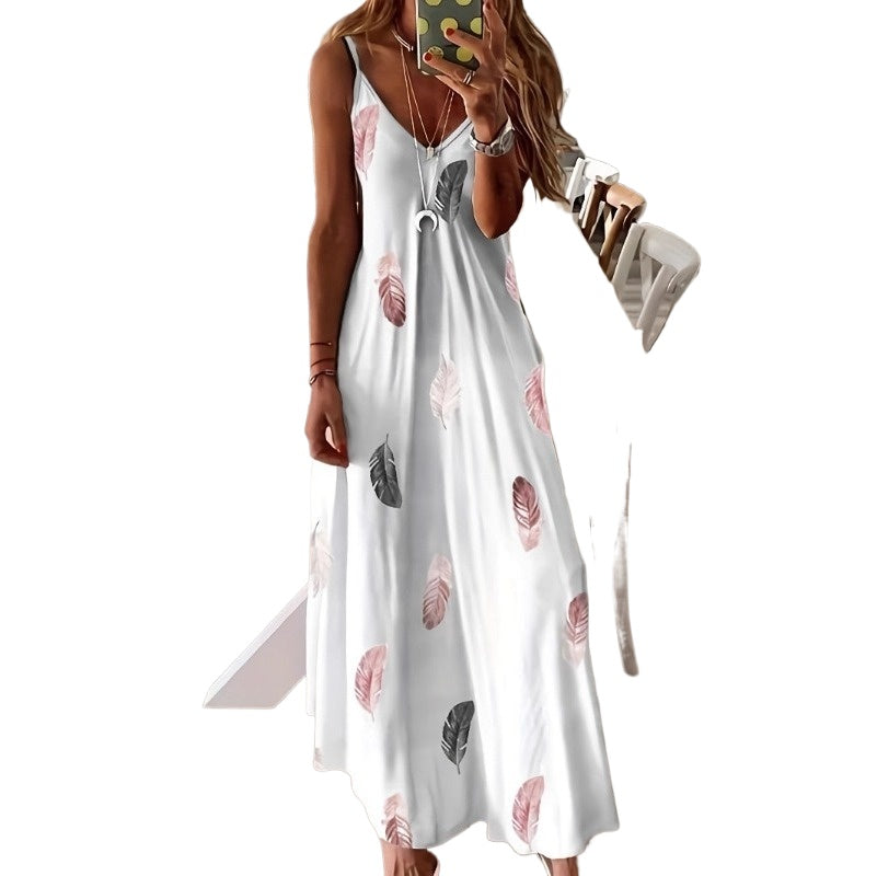 (1325) New Sleeveless Slim Fit Feather Print Low Cut V Neck Suspender Long Swing Long Dress Women&#039;s Dress