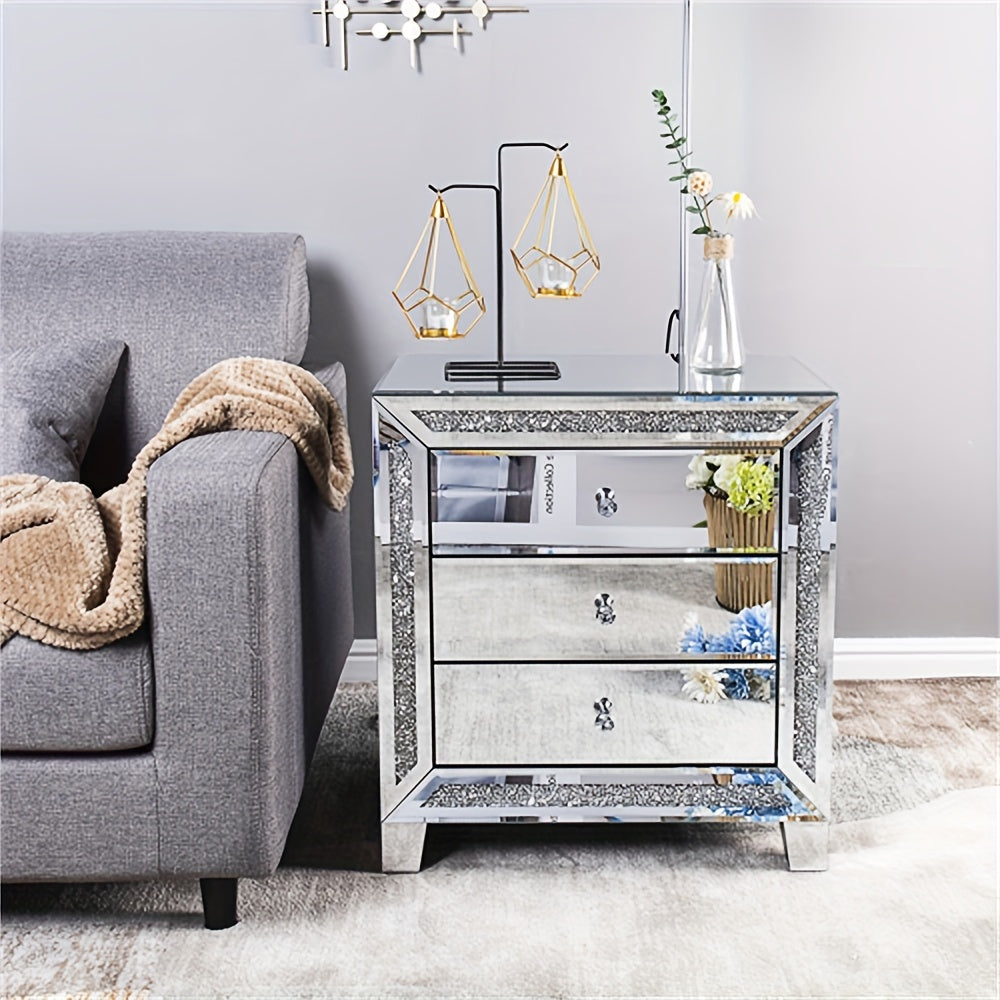 TEMU Mirrored Glass Bedside Table With 3 Drawers, 23*13.8*24.8in, Density Board With Mirrored Surface, Furniture, Nightstand With Drawers, Drawer