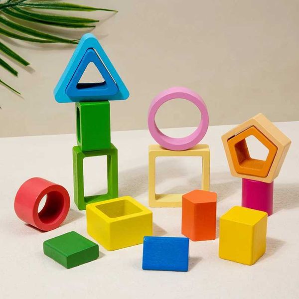 Sorting Nesting Stacking toys Wooden Geometric Stacked Columns Shape Color Sorting Matching Puzzles Building Blocks Stacking Toys Kids Monte
