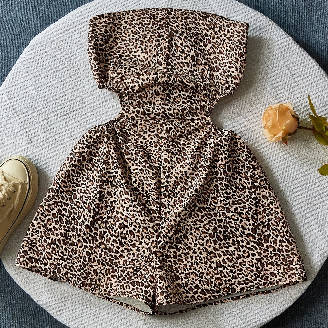 TEMU Women's Elegant Leopard Print Asymmetrical Bandeau, 100% Polyester Woven Fabric, Summer Sleeveless Strapless Jumpsuit, 100 G-m² Lightweight