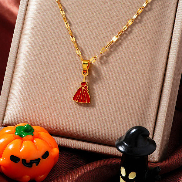 304 Stainless Steel Enamel Halloween Broom Pendant Dapped Chain Necklaces