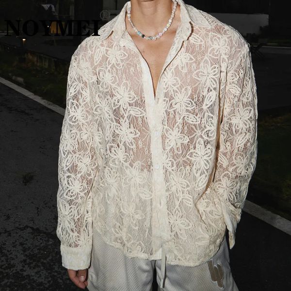 NOYMEI Embroidery Flower Hollow Out Shirt Summer Loose Casual Lapel Double Breasted Short Sleeve Elegant Mens Blouses 240816