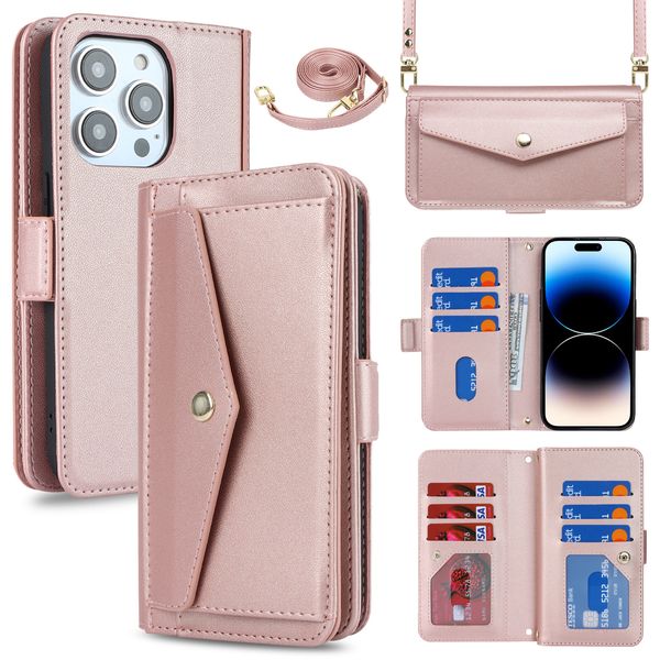 For iPhone 15 14 Phone Case Wallet with Zipper Card Holders Multi-function card wallet Slots Diagonal protective shell storage bag