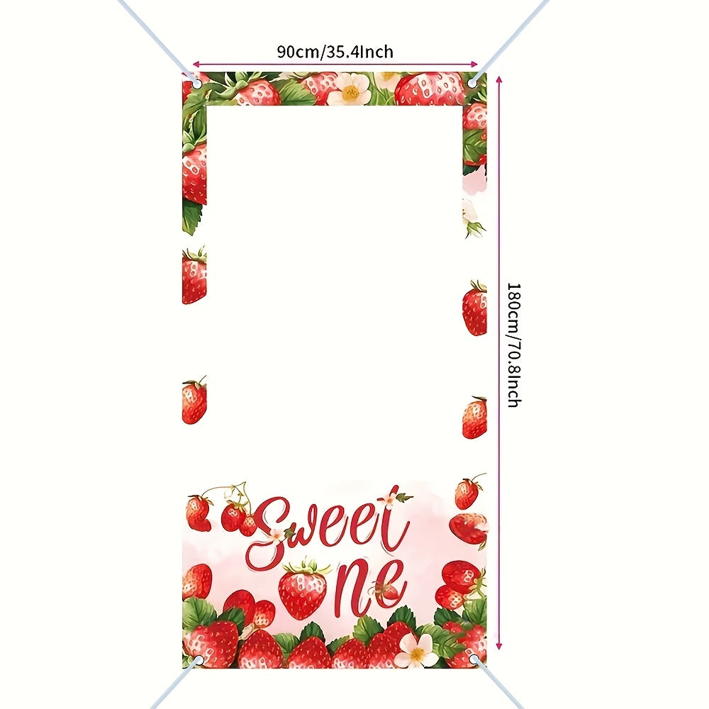 TEMU 1pc Strawberry Series Party Photo Frame Banner - "sweet One" Design With Strawberries And Flowers, Polyester, Outdoor Birthday & Everyday Party