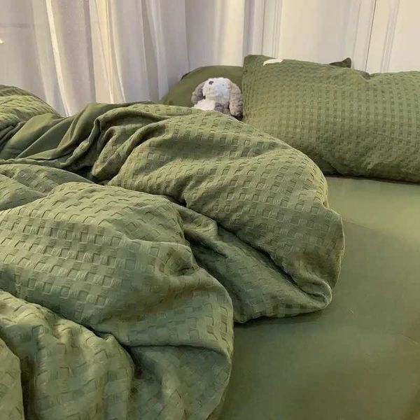 High grade light washable cotton waffle four bedding set olive green quilt cover bed sheet dormitory three piece Y240730