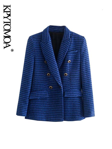 Women&#039;s Suits Blazers KPYTOMOA Women Fashion Tweed Double Breasted Blazer Coat Vintage Long Sleeve Flap Pockets Female Outerwear Chic V