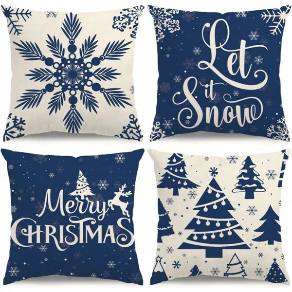 Pillow case Christmas pillowcase 4-piece set blue snowflake winter holiday decoration sofa cover 241112
