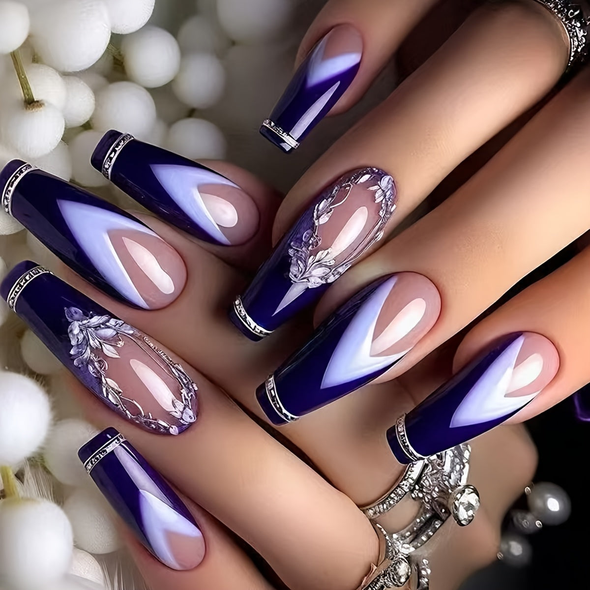TEMU 24pcs Ballet-shaped Press-on Nails, Elegant Purple French Manicure, -summer Collection, Removable Nail Art, Middle Length, Glossy Finish, Flower