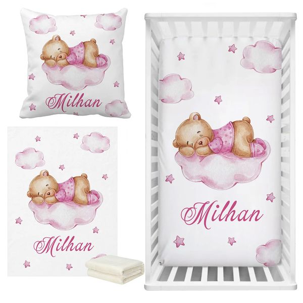 LVYZIHO Sleeping Bear Custom Name Crib Bedding Set Moon Cloud and Stars Baby Shower Personalized Hat For Girl 250114