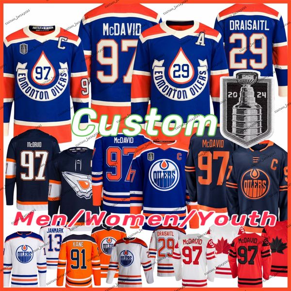 2024 Stanley Cup Oiler Hockey Jerseys Connor McDavid Wayne Gretzky Leon Draisaitl Zach Hyman Stuart Skinner Evander Kane Evan Bouchard Matti