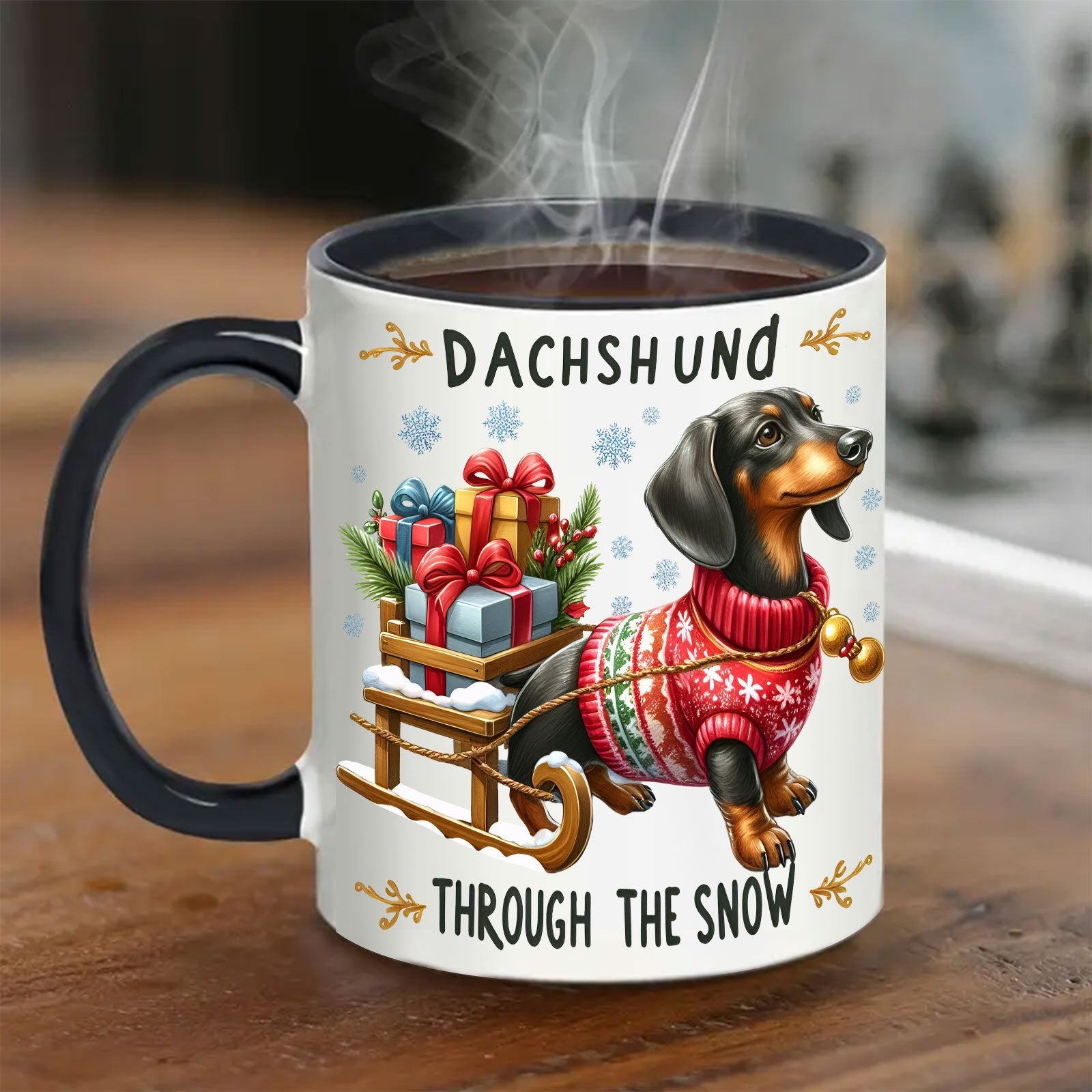 TEMU 11oz Dachshund Through The Snow Ceramic Coffee Mug - Double-sided Christmas Cup With Sledding Design, Perfect For Hot-cold Beverages, Ideal Gift