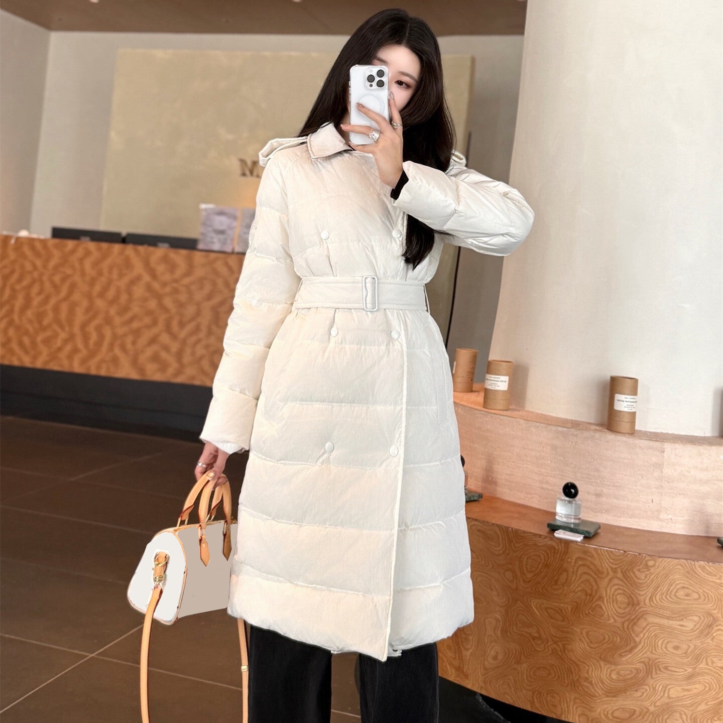 Womens Elegant Mid Long Down Jacket Warm Lightweight Fashion Coat Belted Slim Fit Premium Quality Puffer Outerwear with White Goose Down