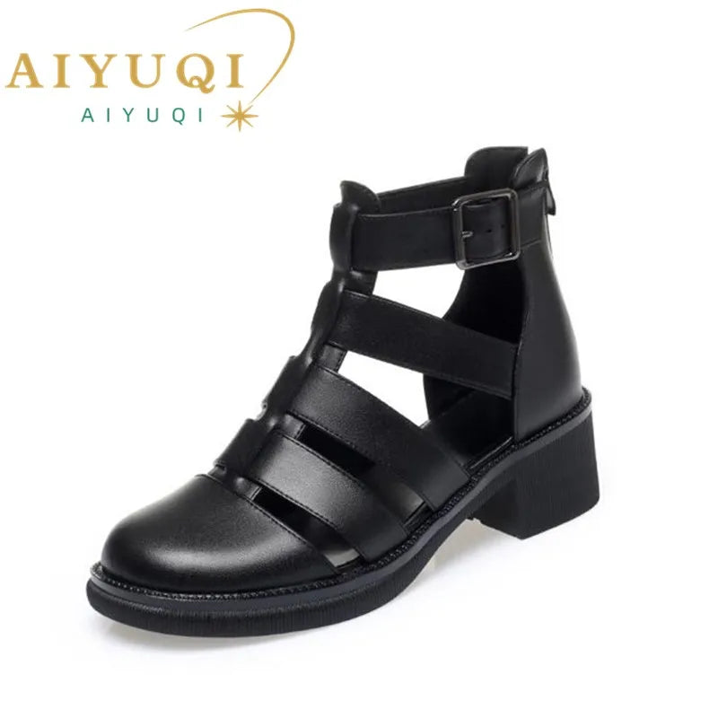 AIYUQI Women Sandals Summer Genuine Leather Ladies Sandals Closure Braided Gladiator Non-Slip Casual Sandals Women